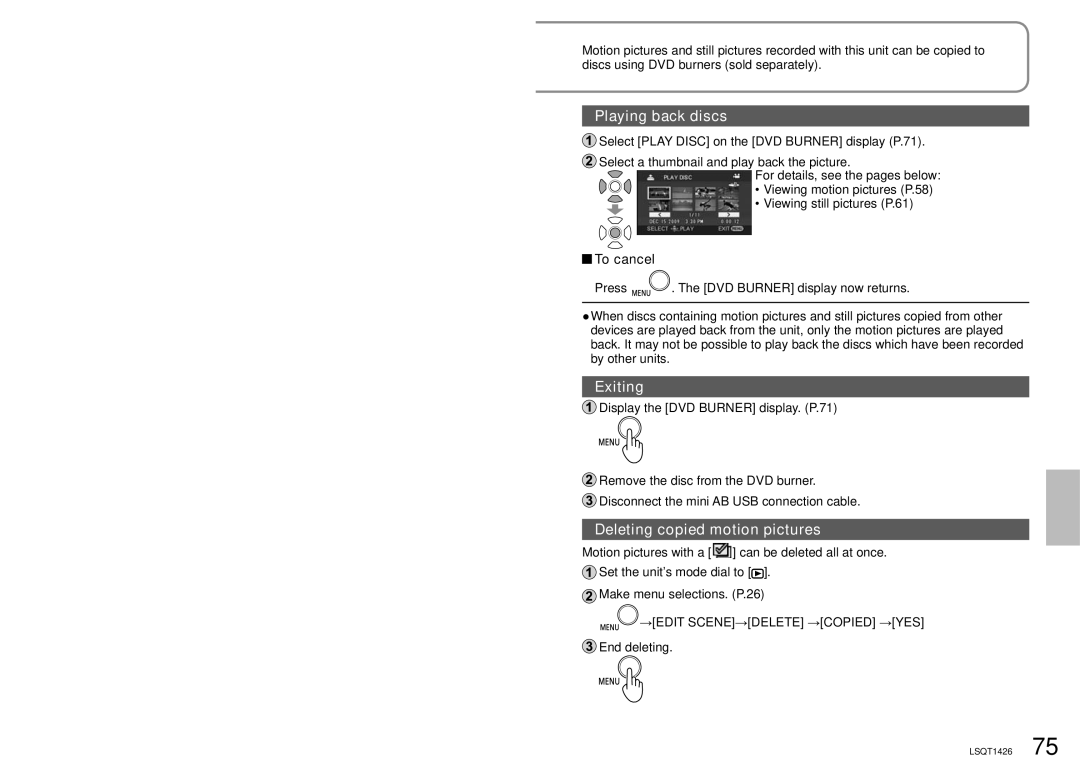 Panasonic SDR-S15PC Playing back discs, Exiting, Deleting copied motion pictures, →Edit Scene→Delete →Copied →Yes 