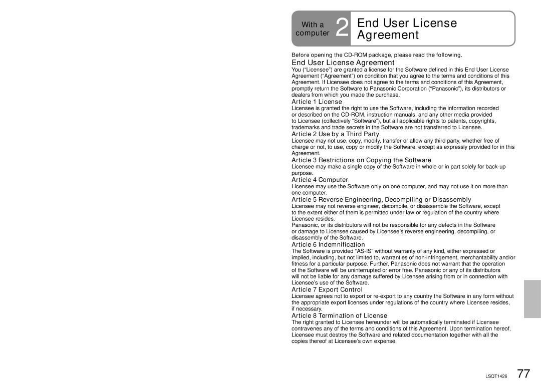 Panasonic SDR-S15PC operating instructions End User License Agreement 