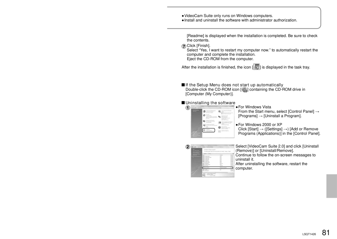 Panasonic SDR-S15PC operating instructions If the Setup Menu does not start up automatically, Uninstalling the software 