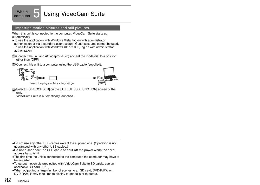 Panasonic SDR-S15PC operating instructions Using VideoCam Suite, Importing motion pictures and still pictures 