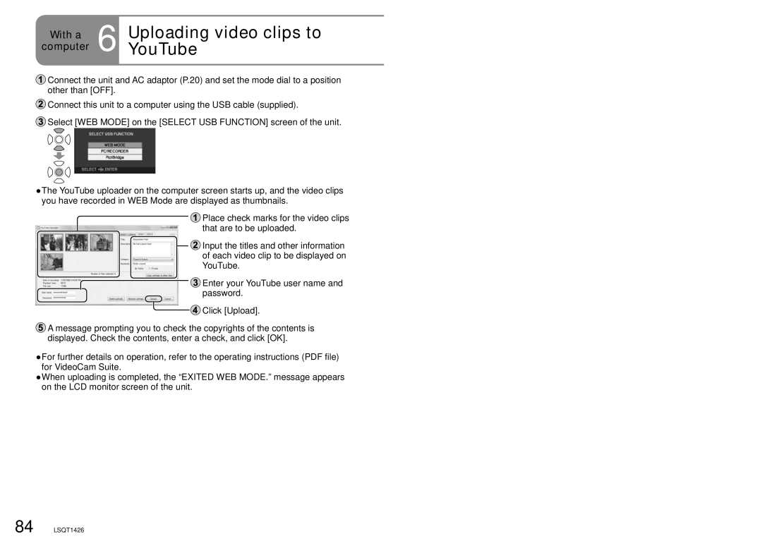 Panasonic SDR-S15PC operating instructions Uploading video clips to, YouTube 