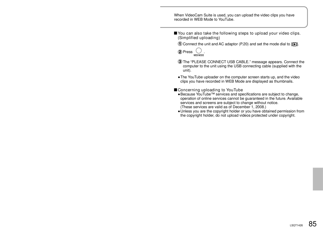 Panasonic SDR-S15PC operating instructions Concerning uploading to YouTube 