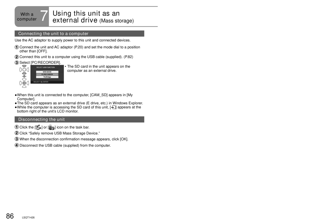 Panasonic SDR-S15PC Using this unit as an, External drive Mass storage, Connecting the unit to a computer 