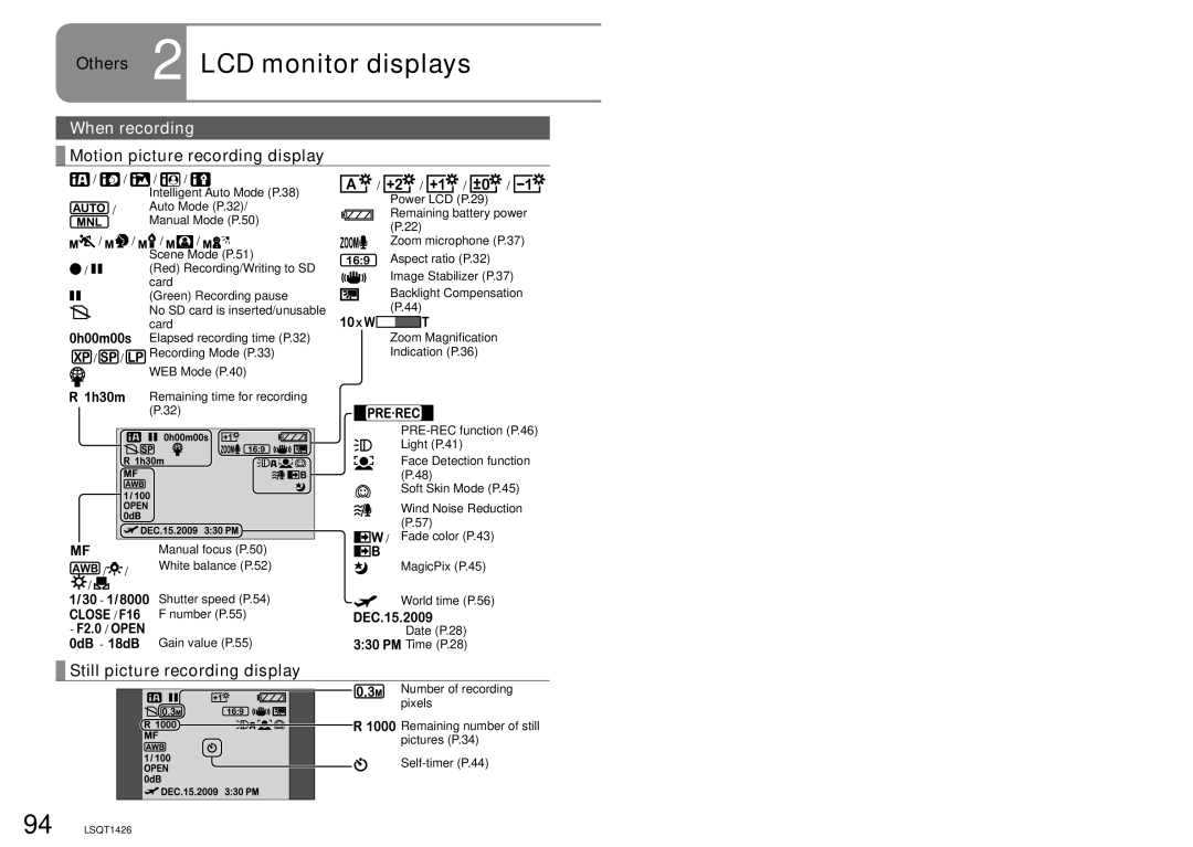 Panasonic SDR-S15PC Others 2 LCD monitor displays, When recording, Motion picture recording display 