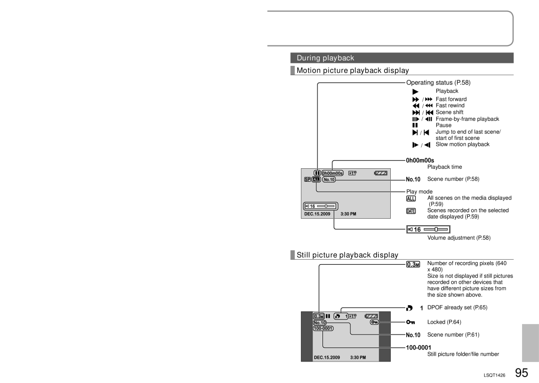 Panasonic SDR-S15PC operating instructions During playback, Motion picture playback display, Still picture playback display 