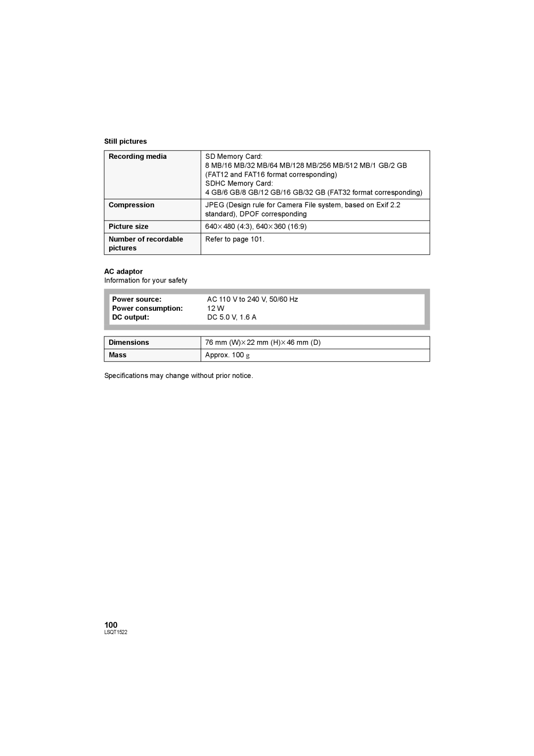 Panasonic SDR-S26 Still pictures Recording media, Picture size, Number of recordable, Pictures AC adaptor, DC output 