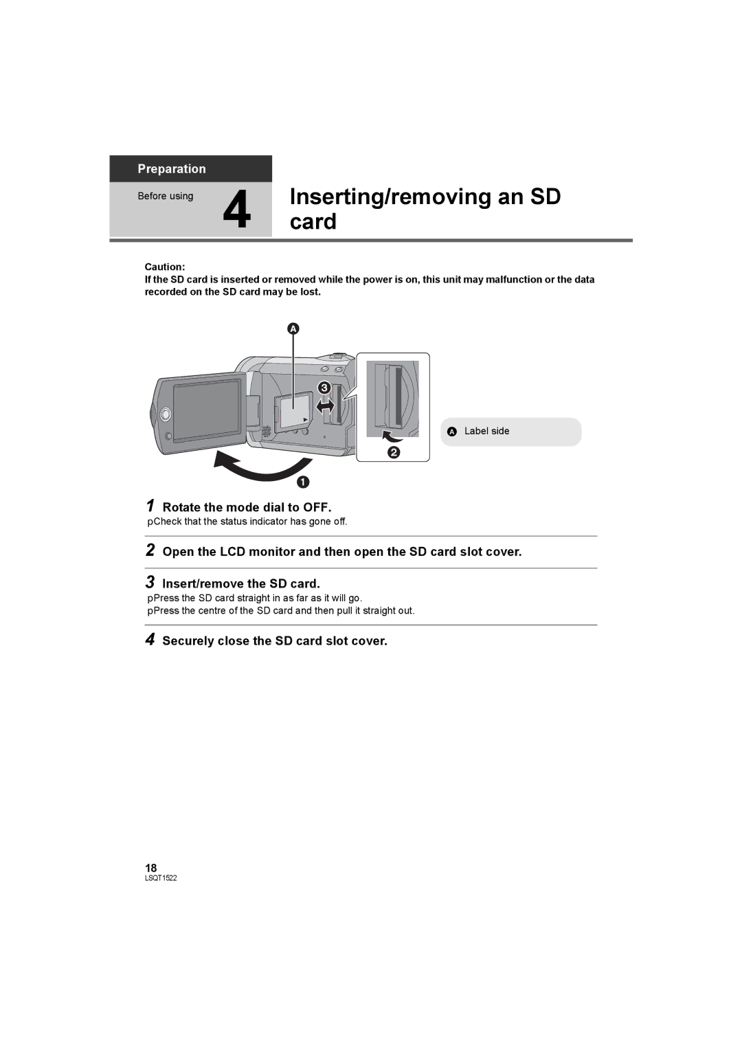 Panasonic SDR-S26 Card, Inserting/removing an SD, Rotate the mode dial to OFF, Securely close the SD card slot cover 