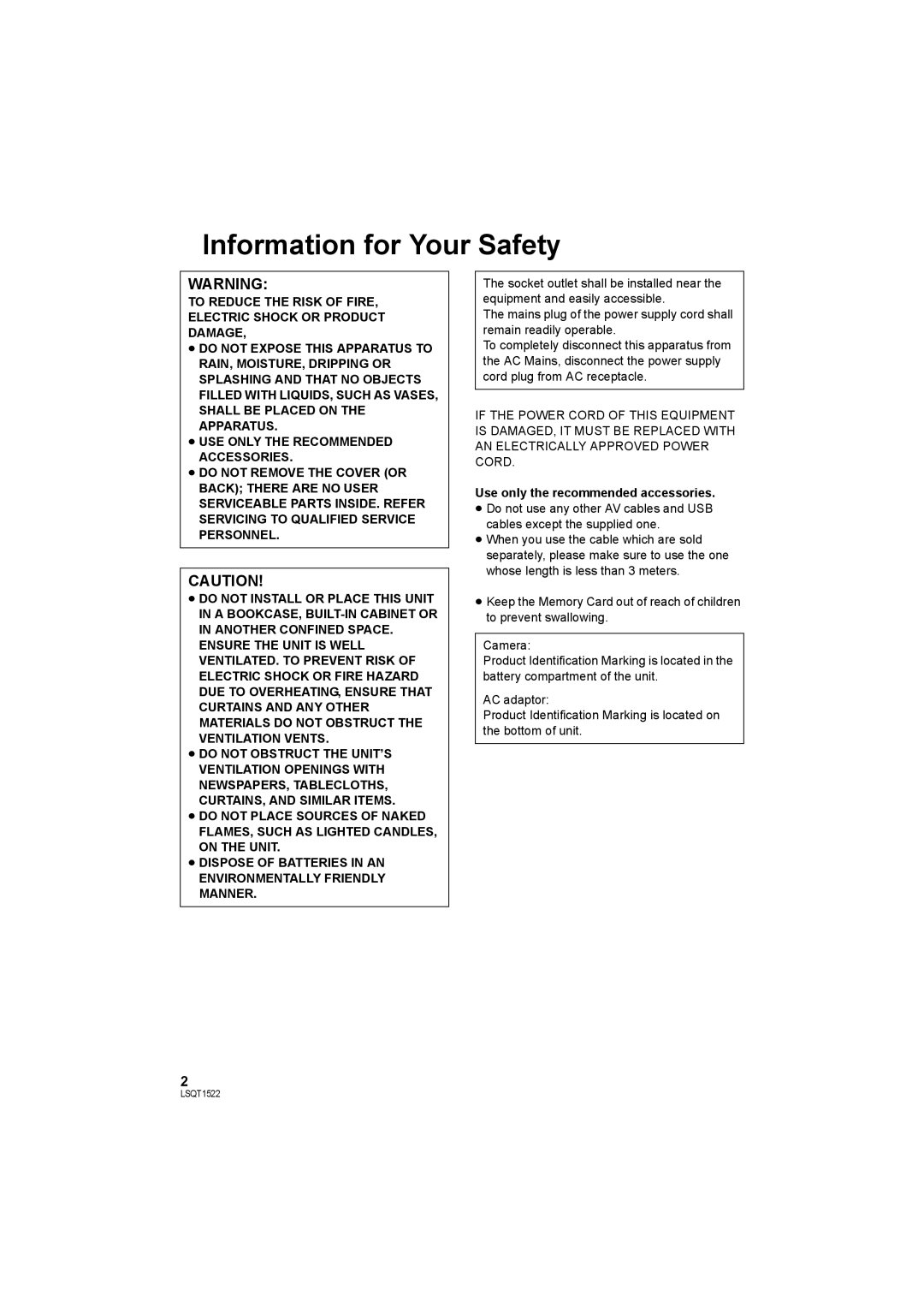 Panasonic SDR-S26 operating instructions Information for Your Safety, Use only the recommended accessories 