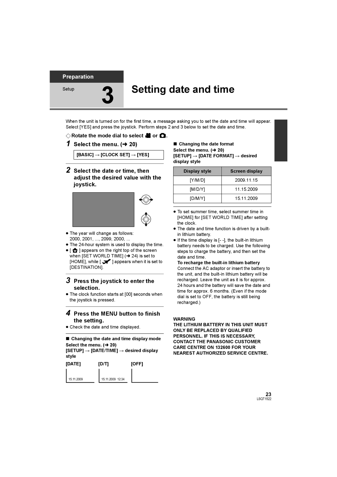 Panasonic SDR-S26 Setting date and time, Select the menu. l, Press the joystick to enter the selection 