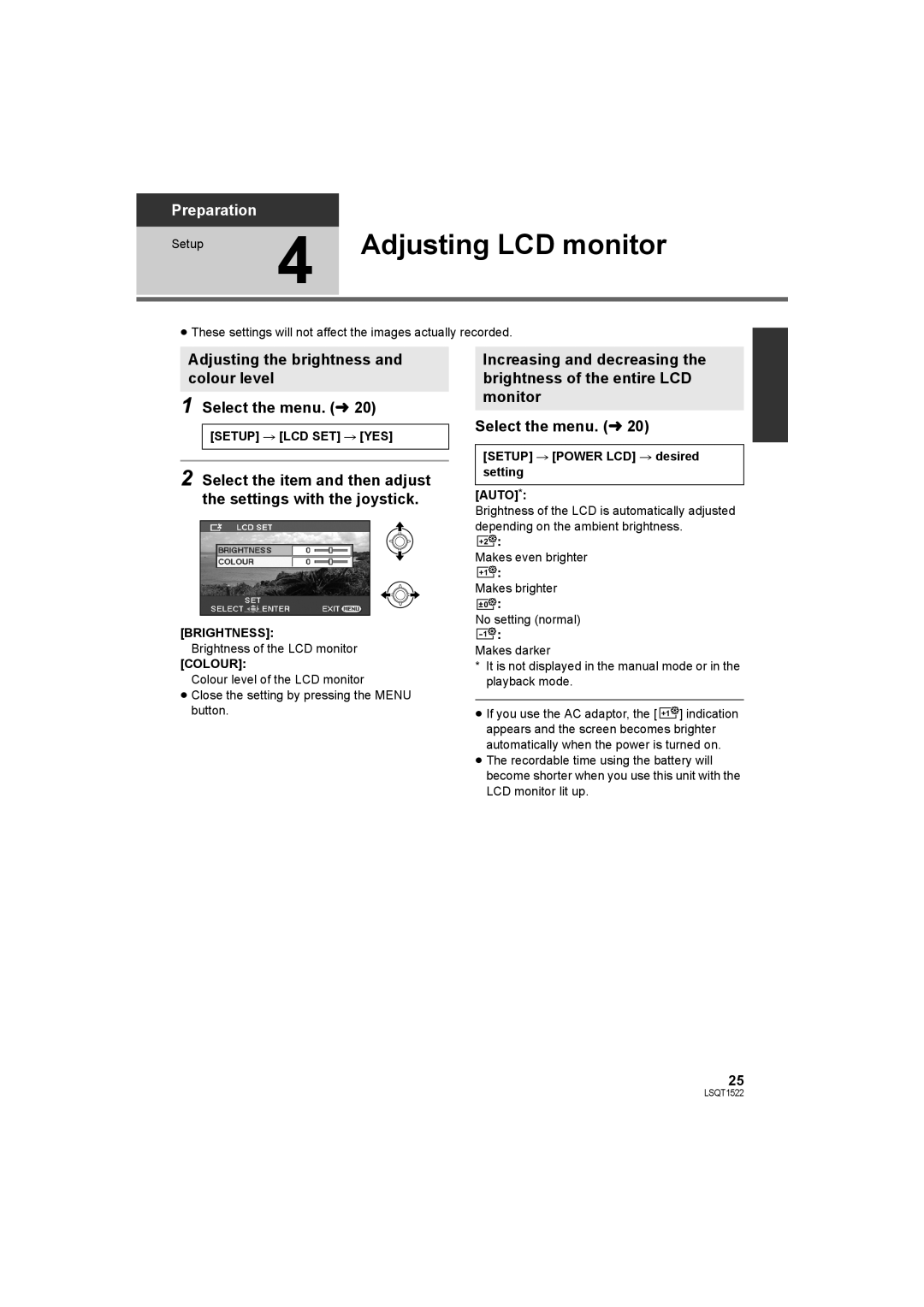 Panasonic SDR-S26 operating instructions Adjusting LCD monitor, Setup # LCD SET # YES, Brightness, Colour 