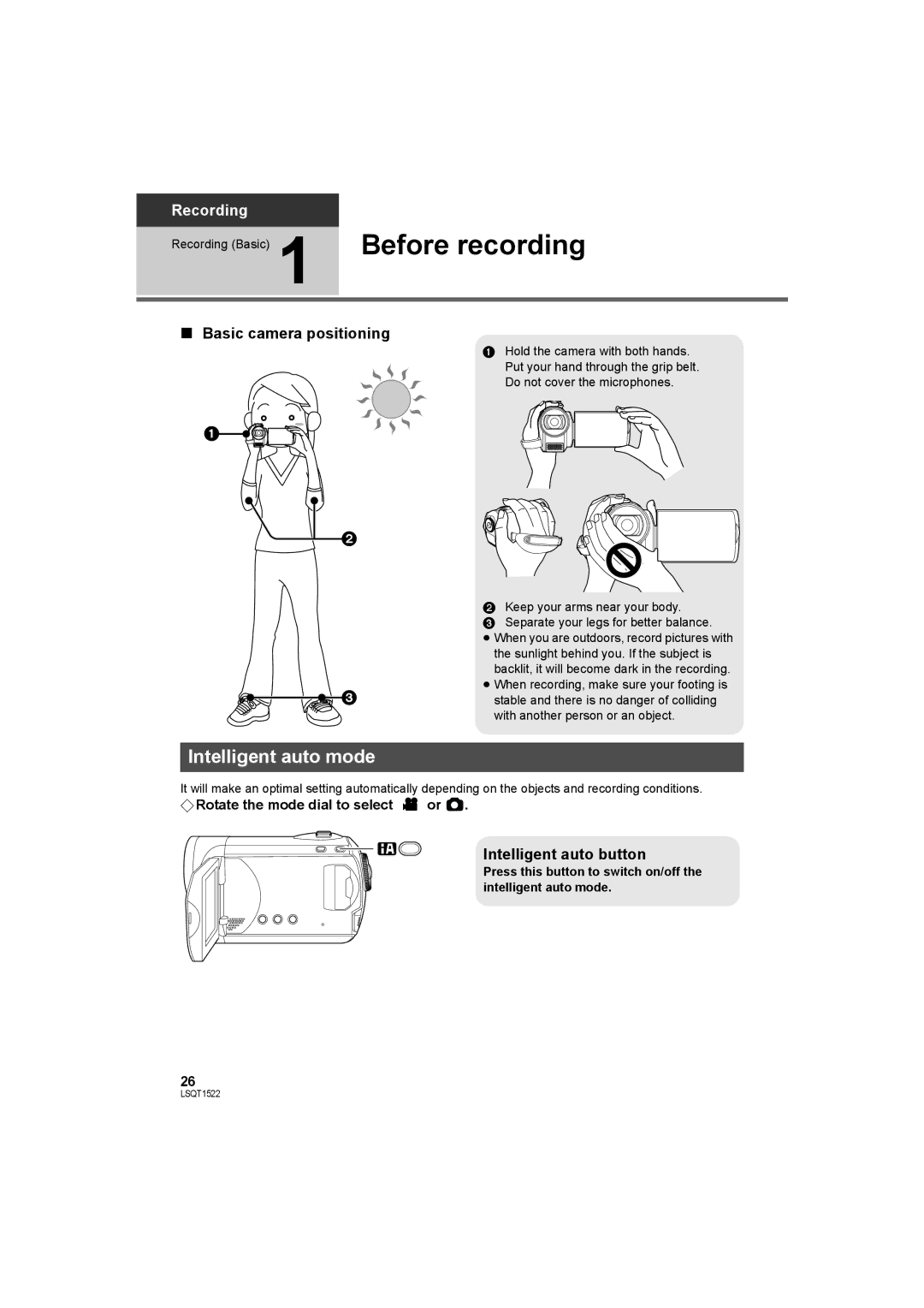 Panasonic SDR-S26 Before recording, Intelligent auto mode, Basic camera positioning, Intelligent auto button 