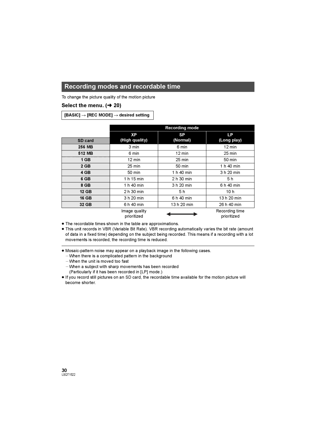 Panasonic SDR-S26 operating instructions Recording modes and recordable time, High quality Normal Long play 