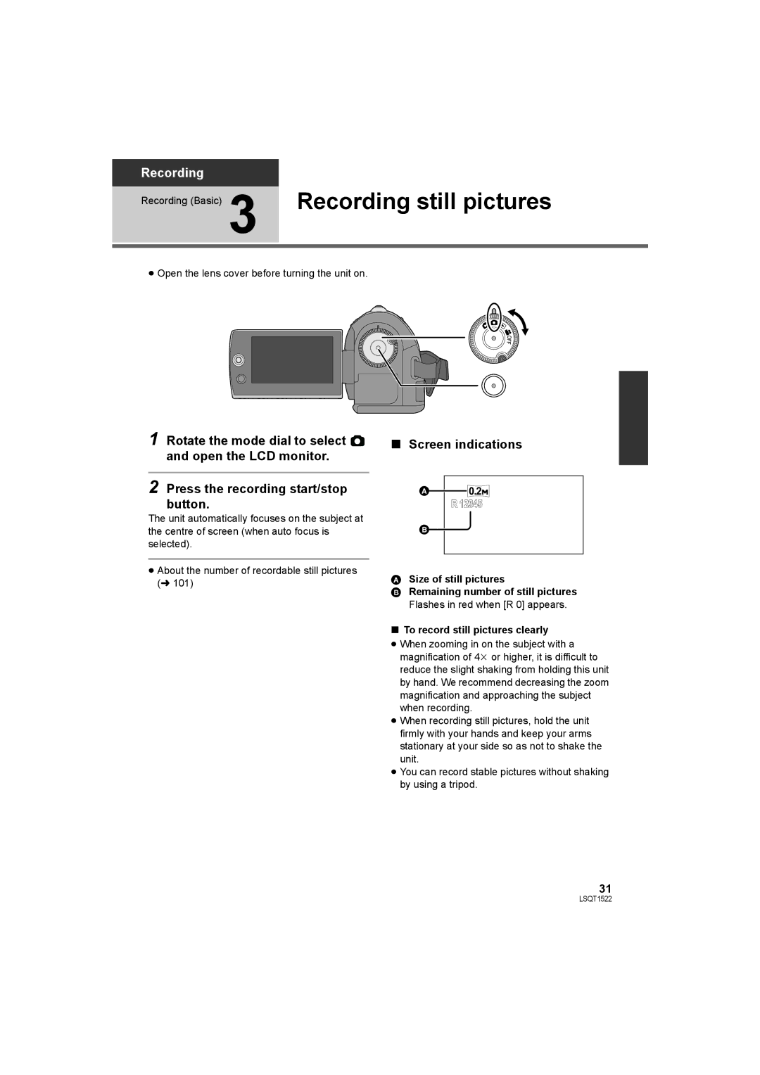 Panasonic SDR-S26 Recording still pictures, 12345, Size of still pictures, To record still pictures clearly 