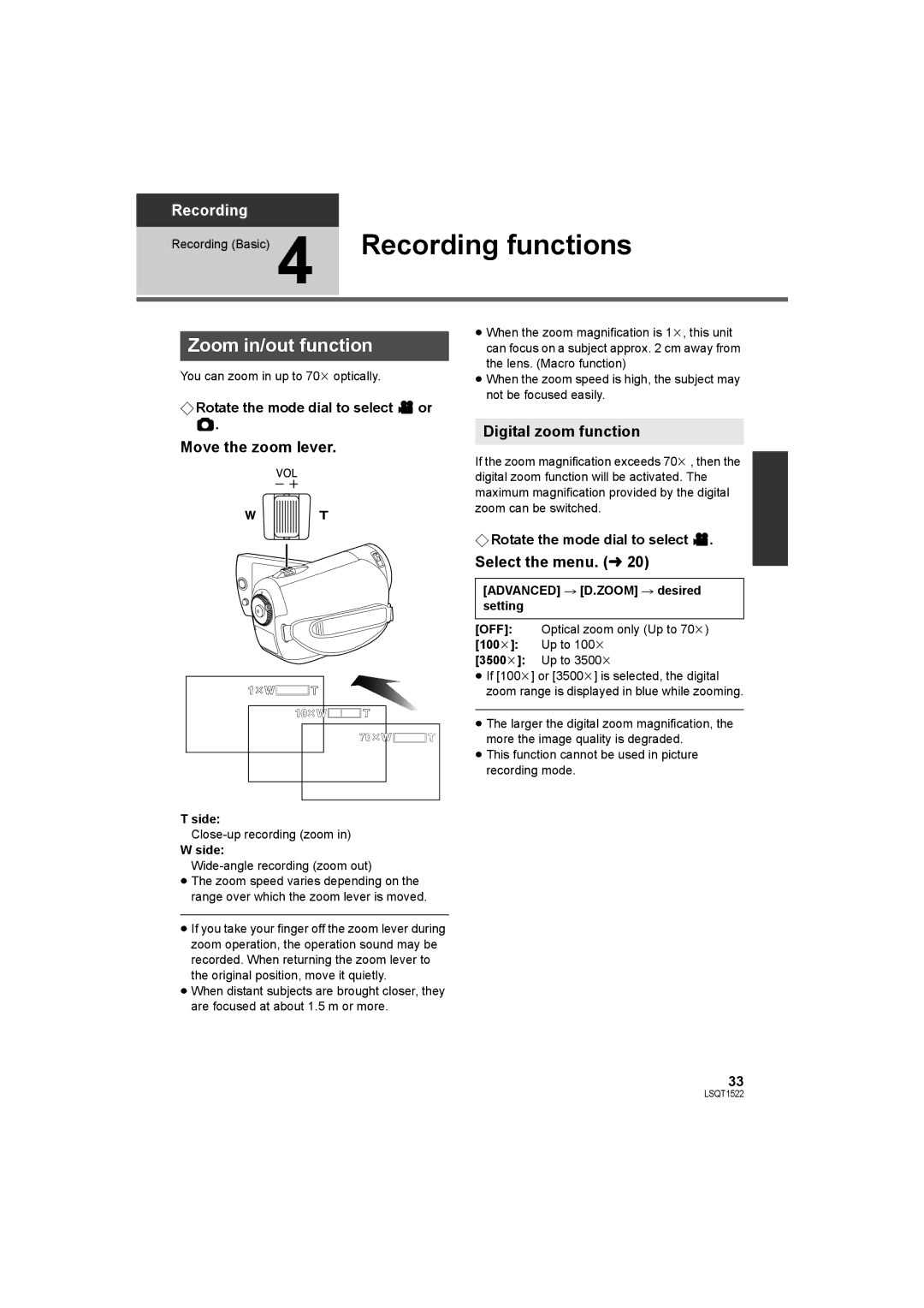 Panasonic SDR-S26 Recording functions, Zoom in/out function, Move the zoom lever, Digital zoom function 