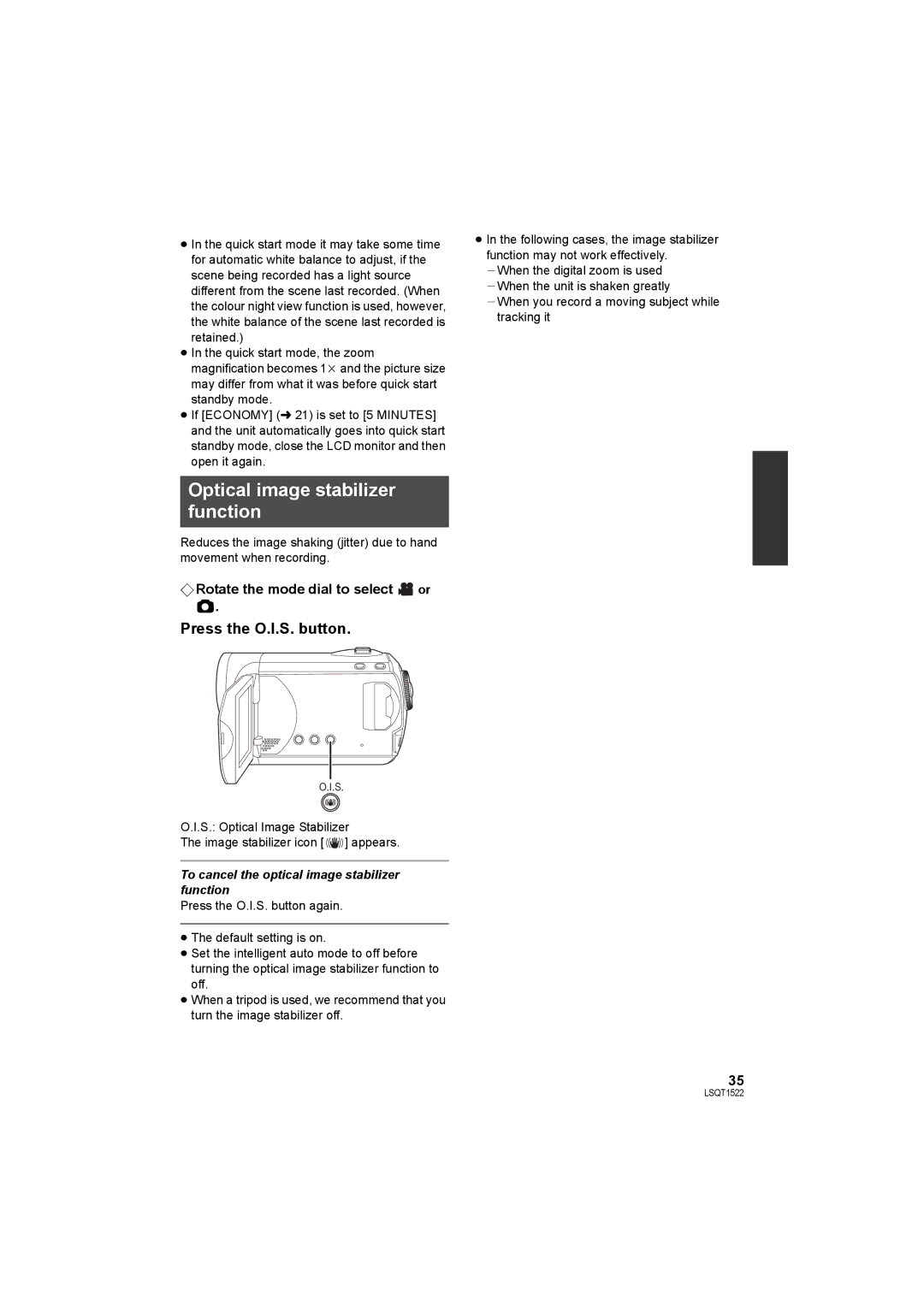 Panasonic SDR-S26 operating instructions Optical image stabilizer function, Press the O.I.S. button 