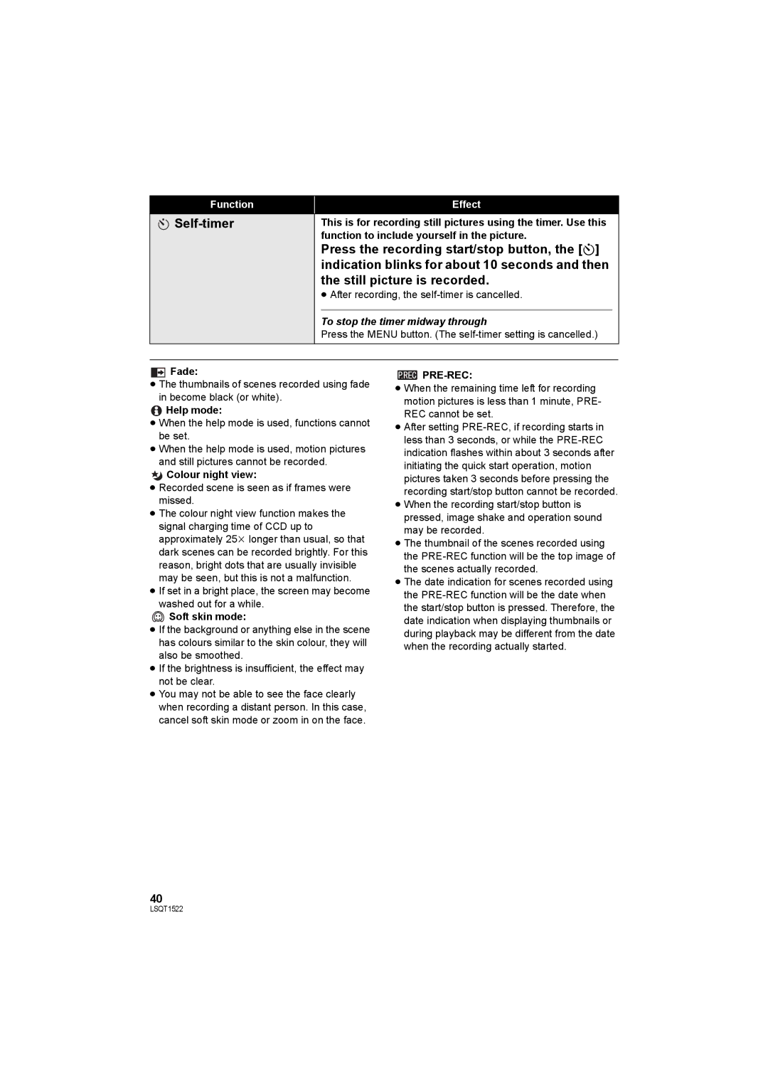 Panasonic SDR-S26 operating instructions Self-timer, To stop the timer midway through, Pre-Rec 