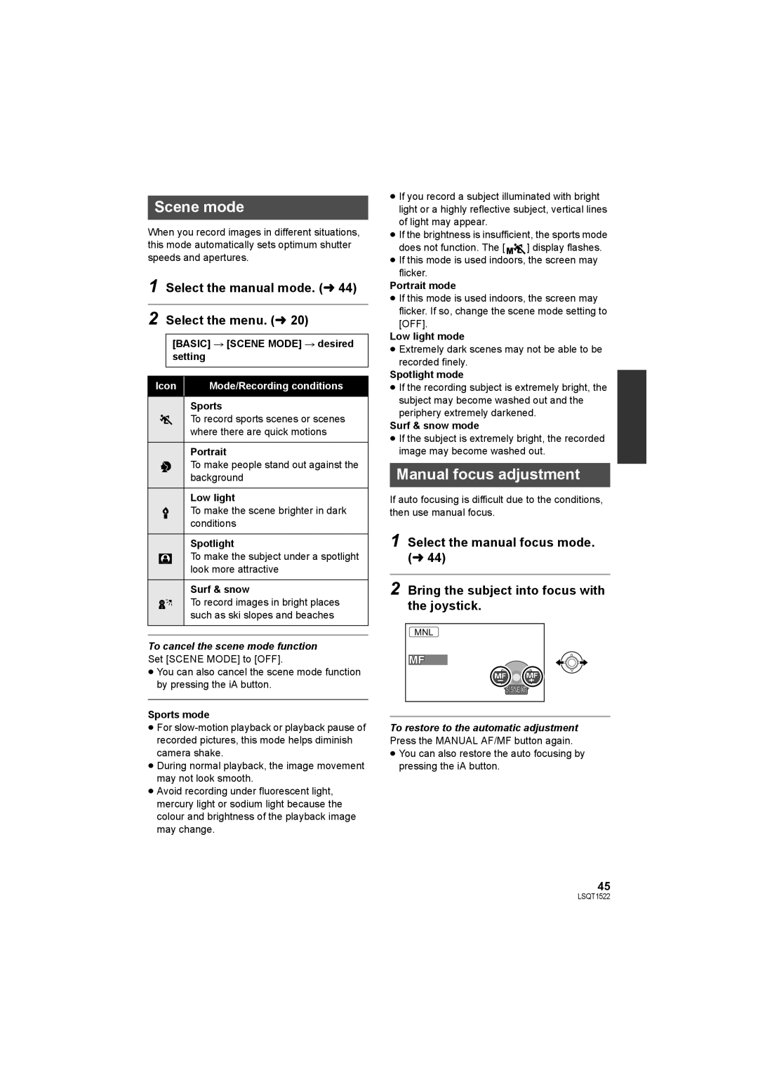 Panasonic SDR-S26 operating instructions Scene mode, Manual focus adjustment, Select the manual mode. l Select the menu. l 