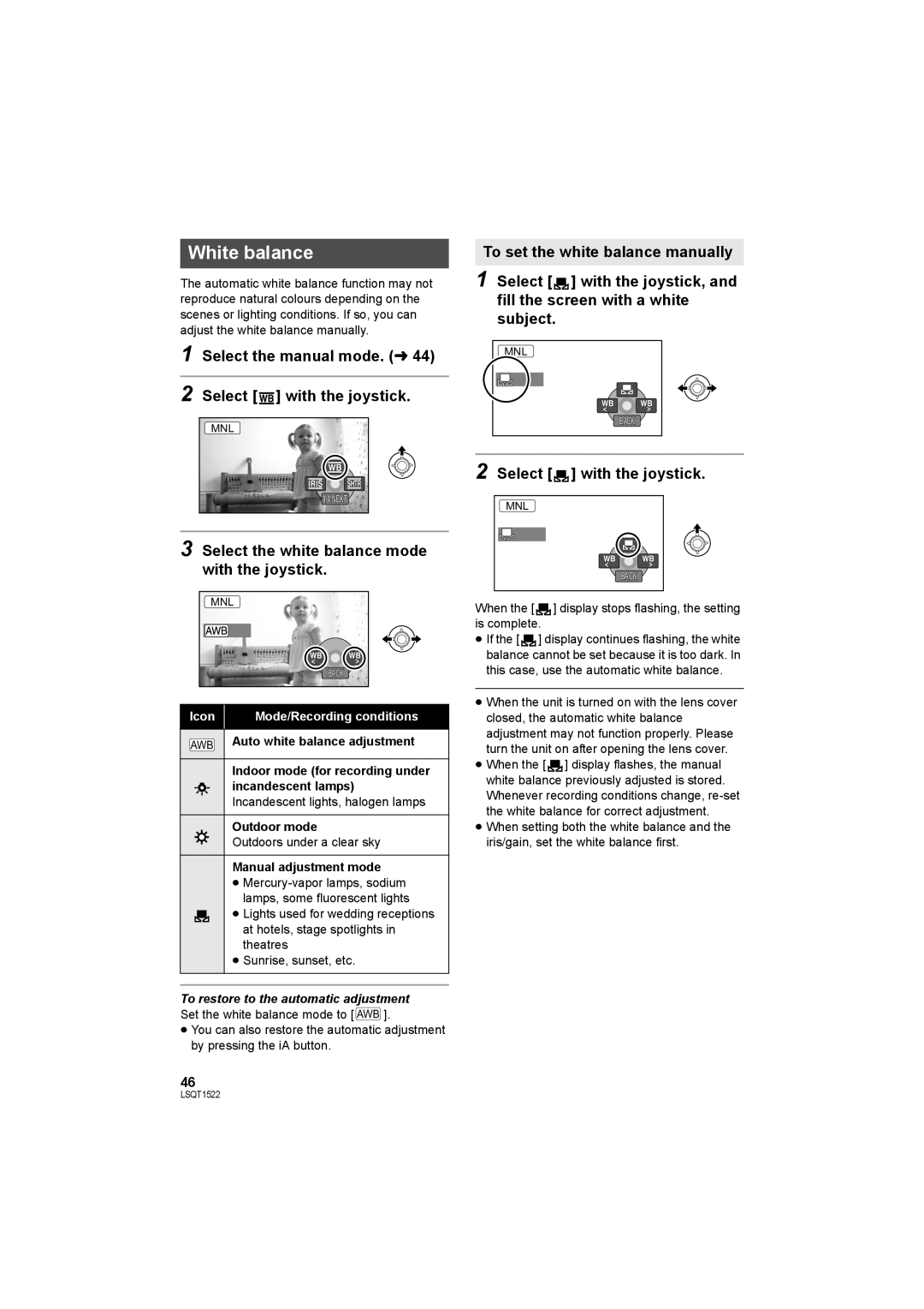 Panasonic SDR-S26 White balance, Select the manual mode. l Select with the joystick, Auto white balance adjustment 