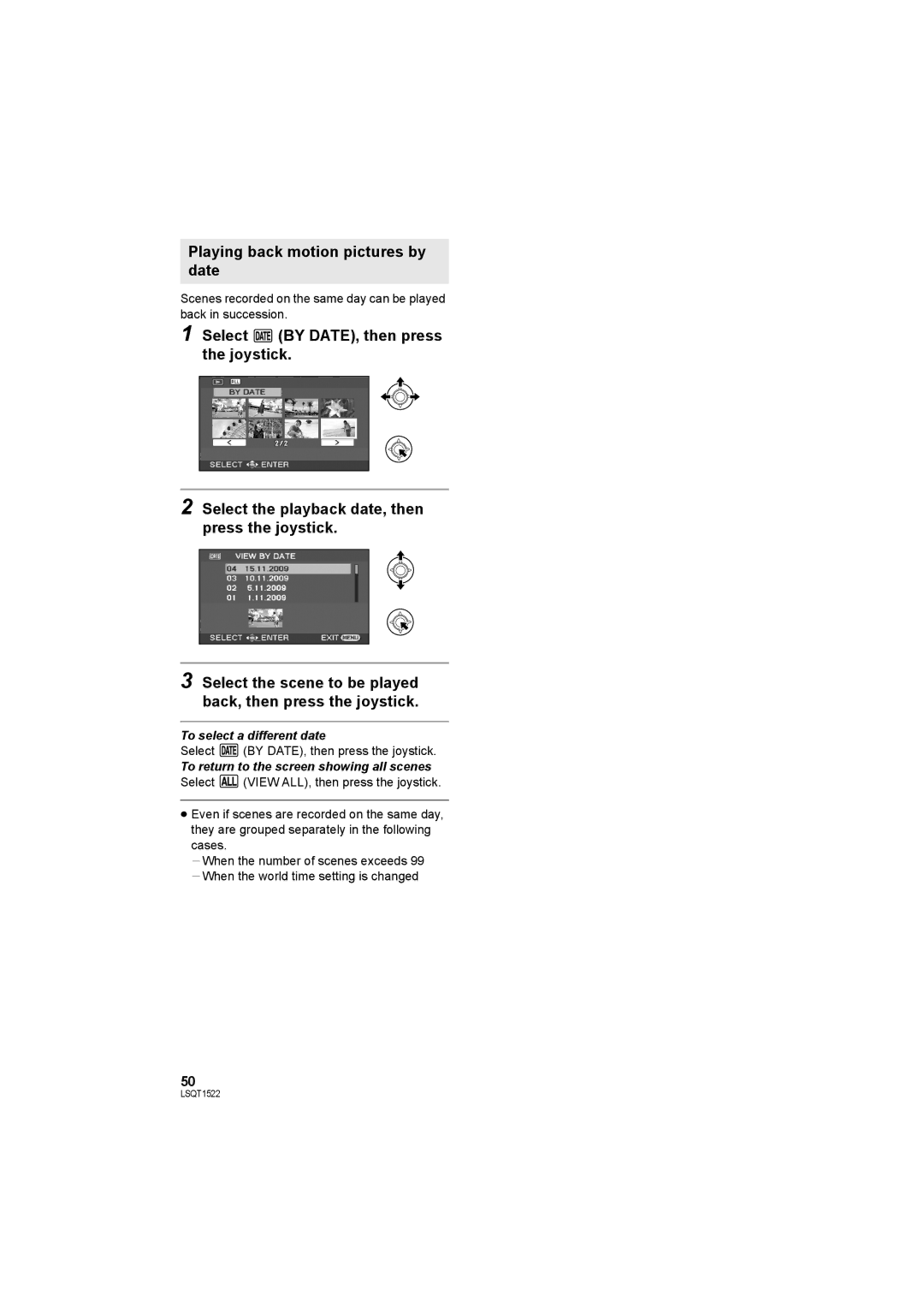 Panasonic SDR-S26 operating instructions Playing back motion pictures by date, To select a different date 