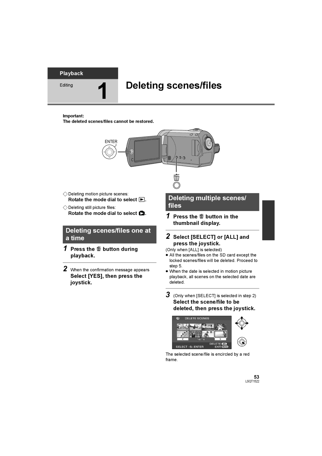 Panasonic SDR-S26 Deleting multiple scenes/ files, Deleting scenes/files one at Time, Press the button during playback 