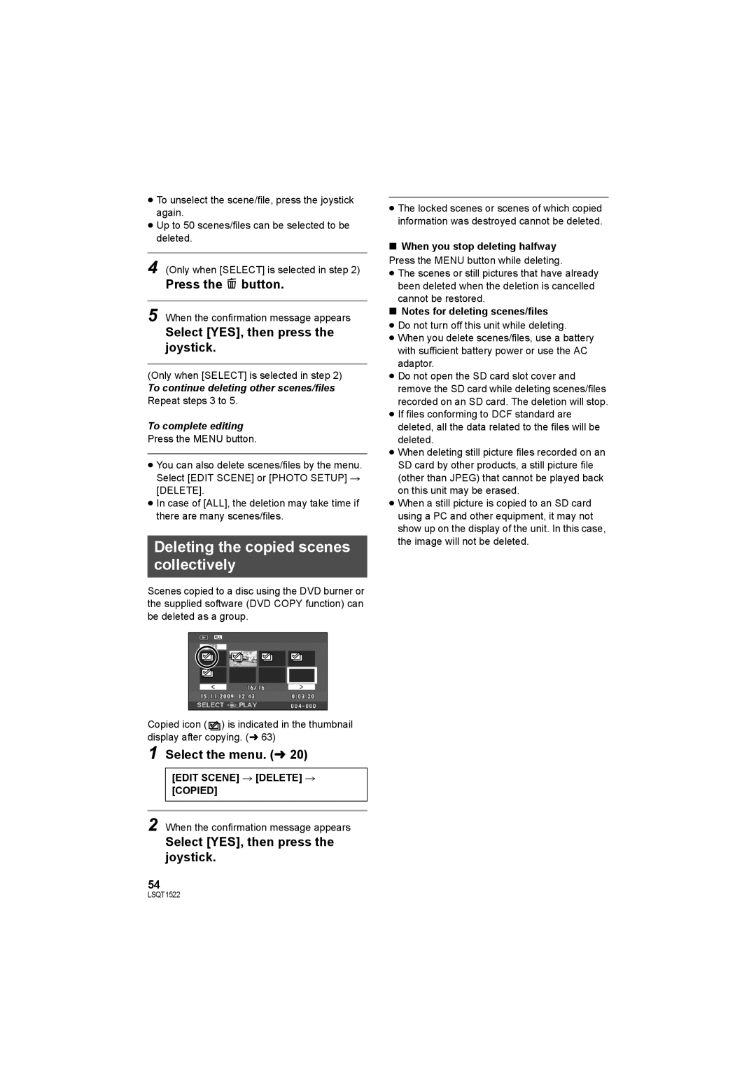 Panasonic SDR-S26 Deleting the copied scenes collectively, Press the button, Select YES, then press the joystick 