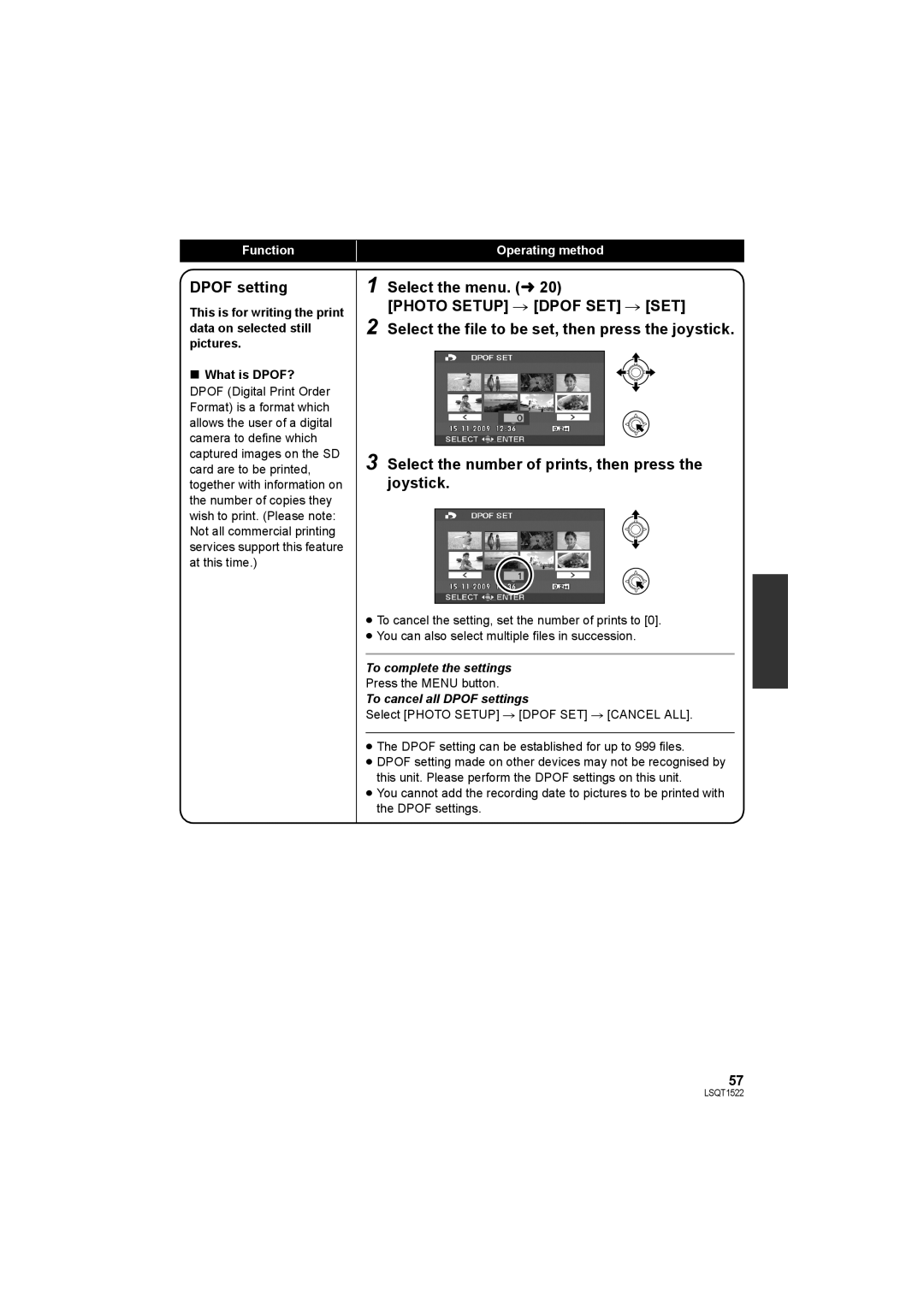 Panasonic SDR-S26 operating instructions To cancel all Dpof settings 