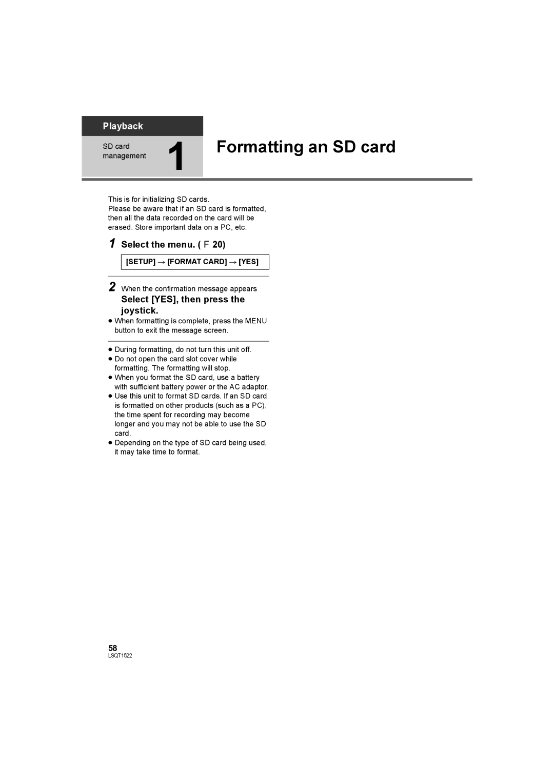 Panasonic SDR-S26 operating instructions Formatting an SD card, Setup # Format Card # YES 