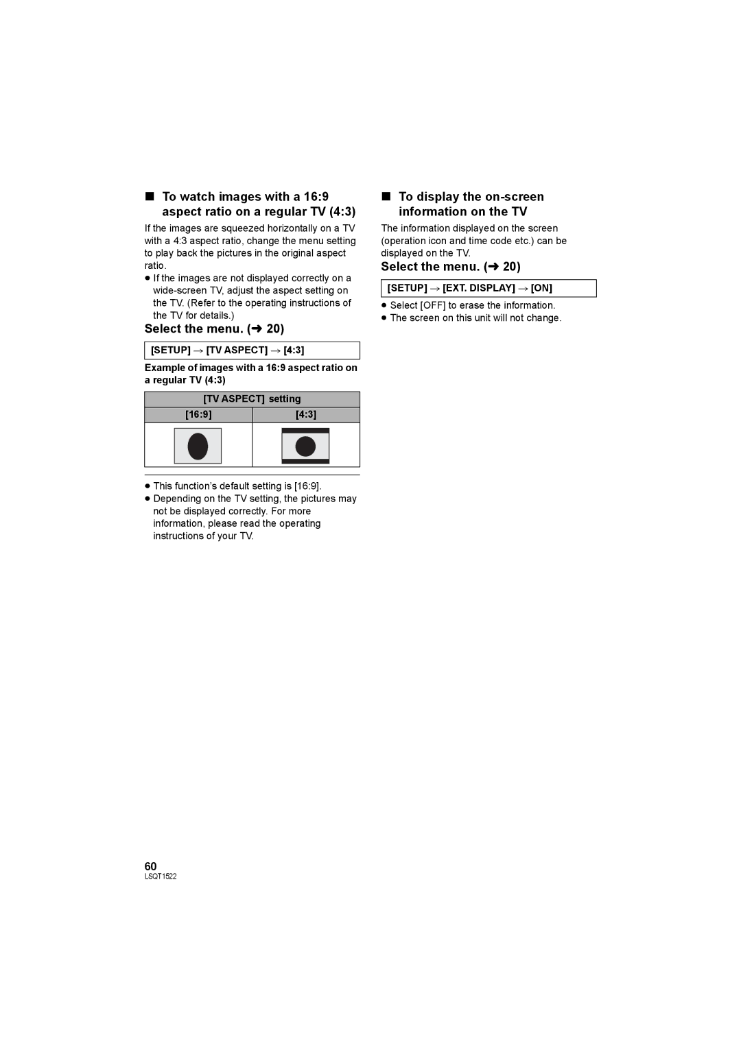 Panasonic SDR-S26 To watch images with a 169 aspect ratio on a regular TV, To display the on-screen information on the TV 