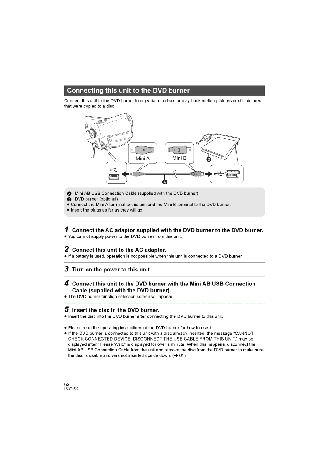 Panasonic SDR-S26 operating instructions Connecting this unit to the DVD burner, Connect this unit to the AC adaptor 