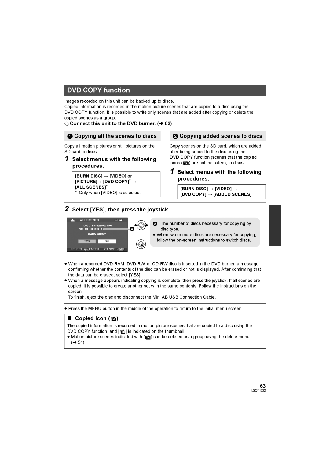 Panasonic SDR-S26 DVD Copy function, Copying all the scenes to discs, Select menus with the following procedures 