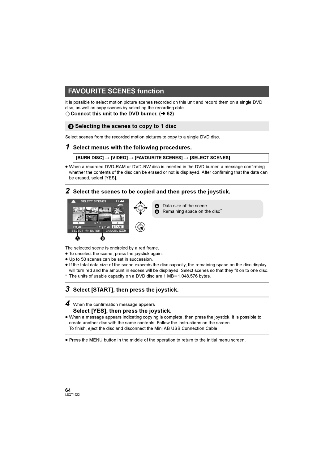 Panasonic SDR-S26 Favourite Scenes function, Selecting the scenes to copy to 1 disc, Select START, then press the joystick 