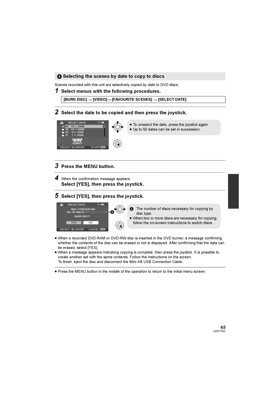 Panasonic SDR-S26 Selecting the scenes by date to copy to discs, Select the date to be copied and then press the joystick 