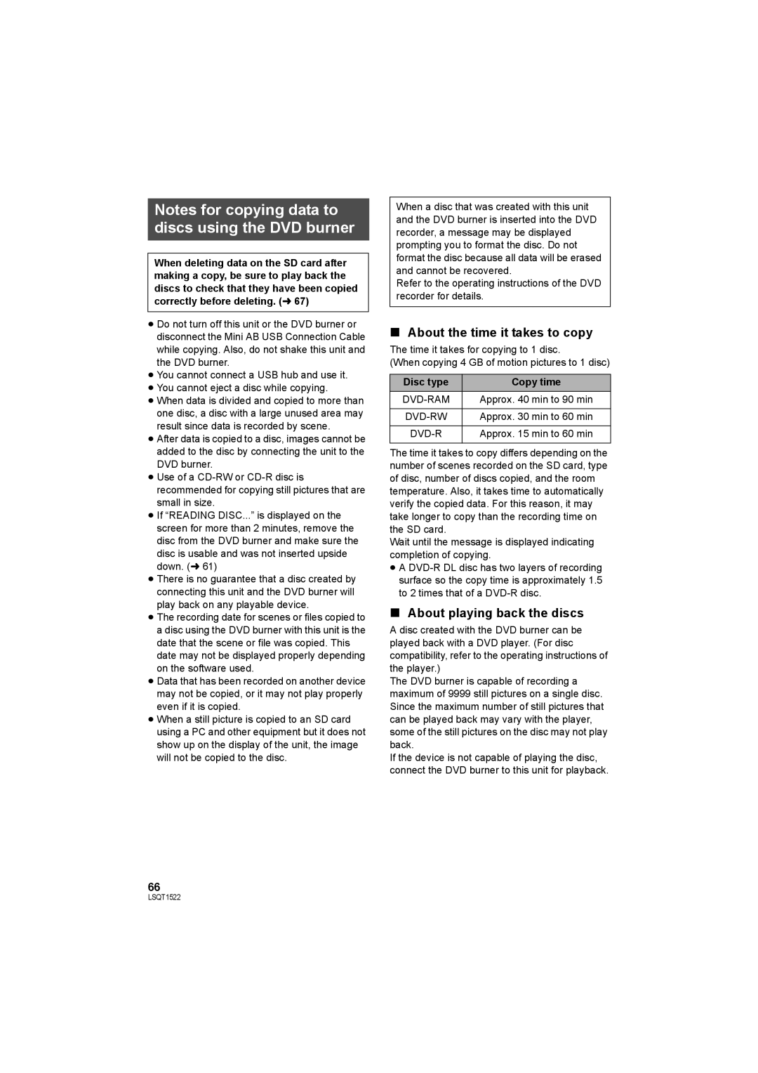 Panasonic SDR-S26 operating instructions About the time it takes to copy, About playing back the discs, Disc type Copy time 