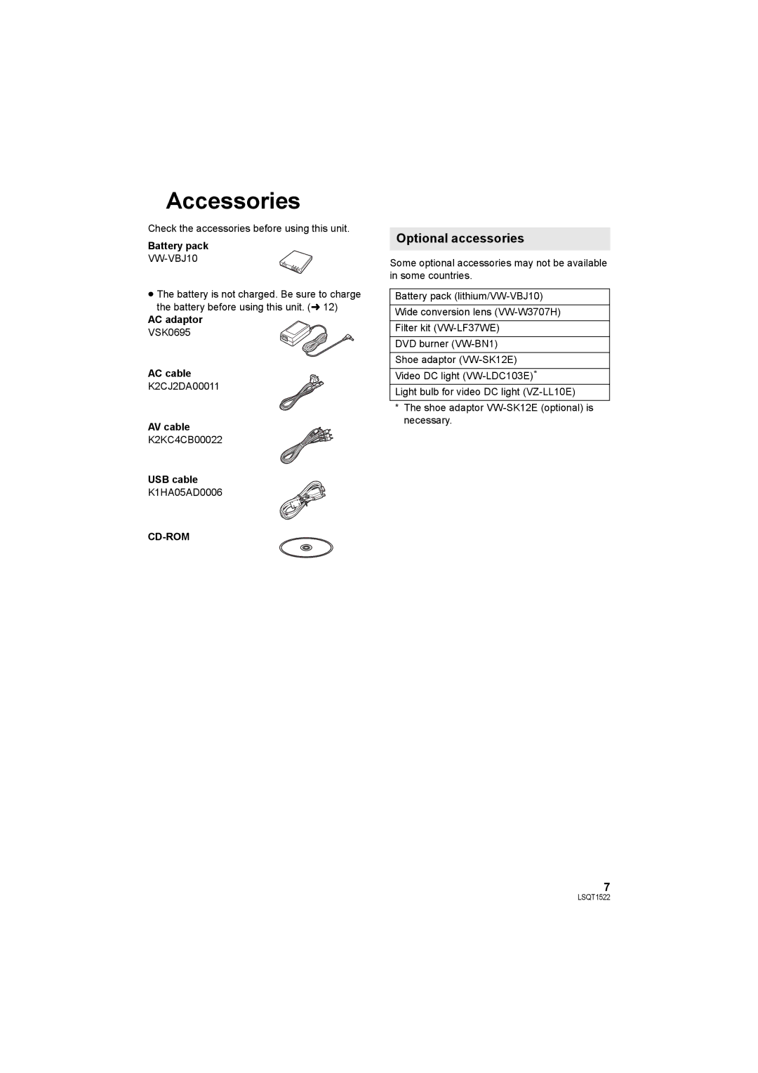 Panasonic SDR-S26 operating instructions Accessories, Optional accessories, Cd-Rom 