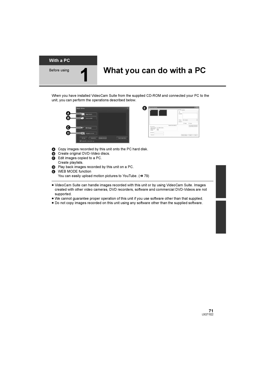 Panasonic SDR-S26 operating instructions Before using 1 What you can do with a PC 