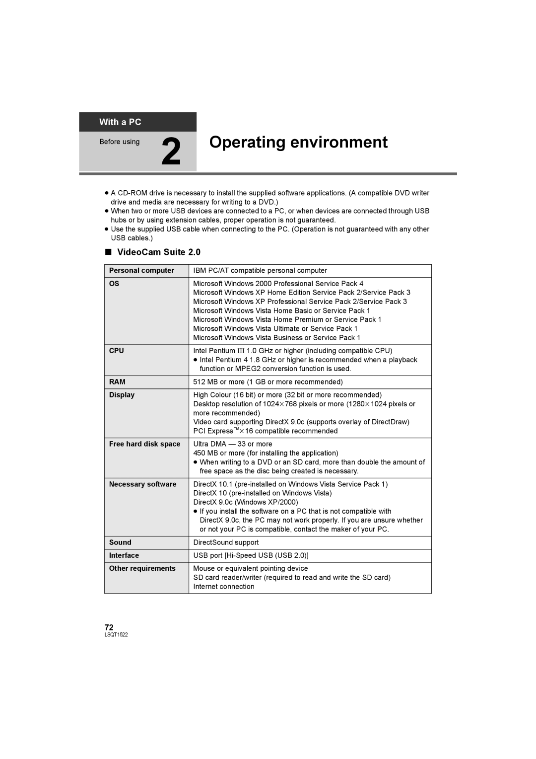 Panasonic SDR-S26 operating instructions Operating environment, VideoCam Suite, Cpu, Ram 