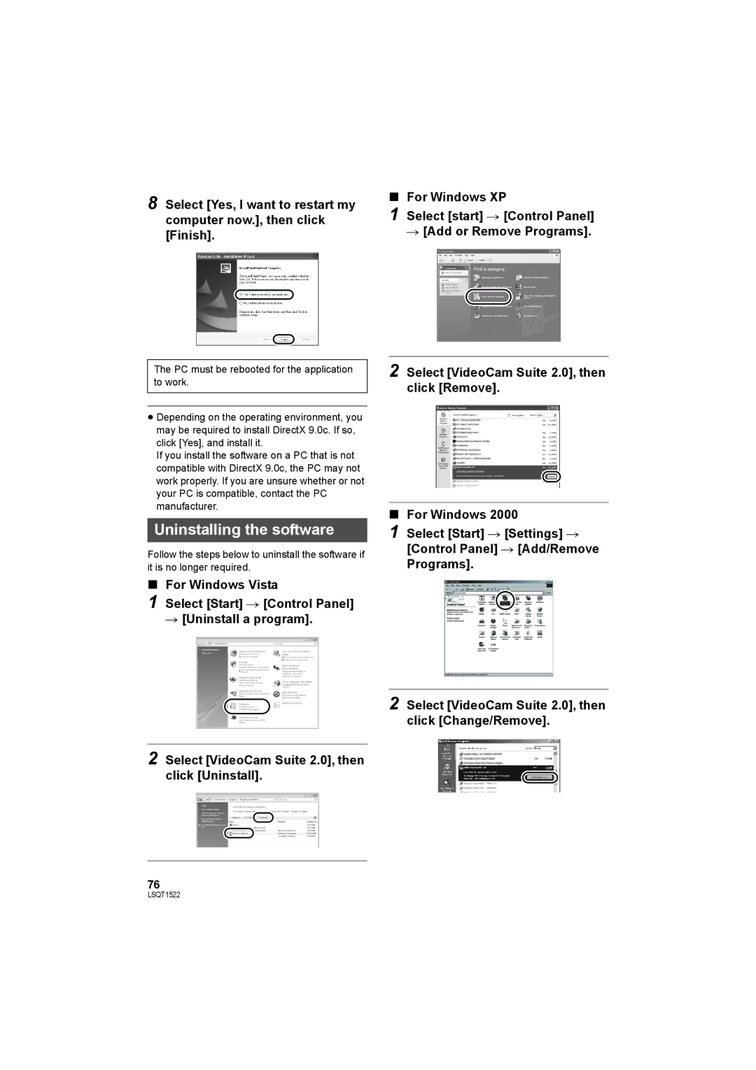 Panasonic SDR-S26 operating instructions Uninstalling the software 