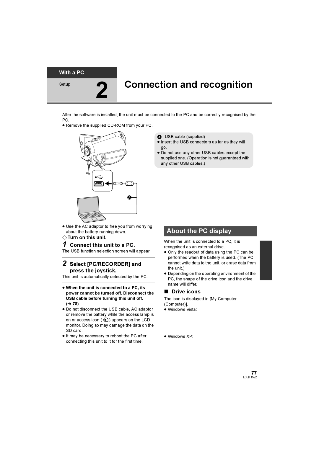 Panasonic SDR-S26 Connection and recognition, About the PC display, Connect this unit to a PC, Drive icons 