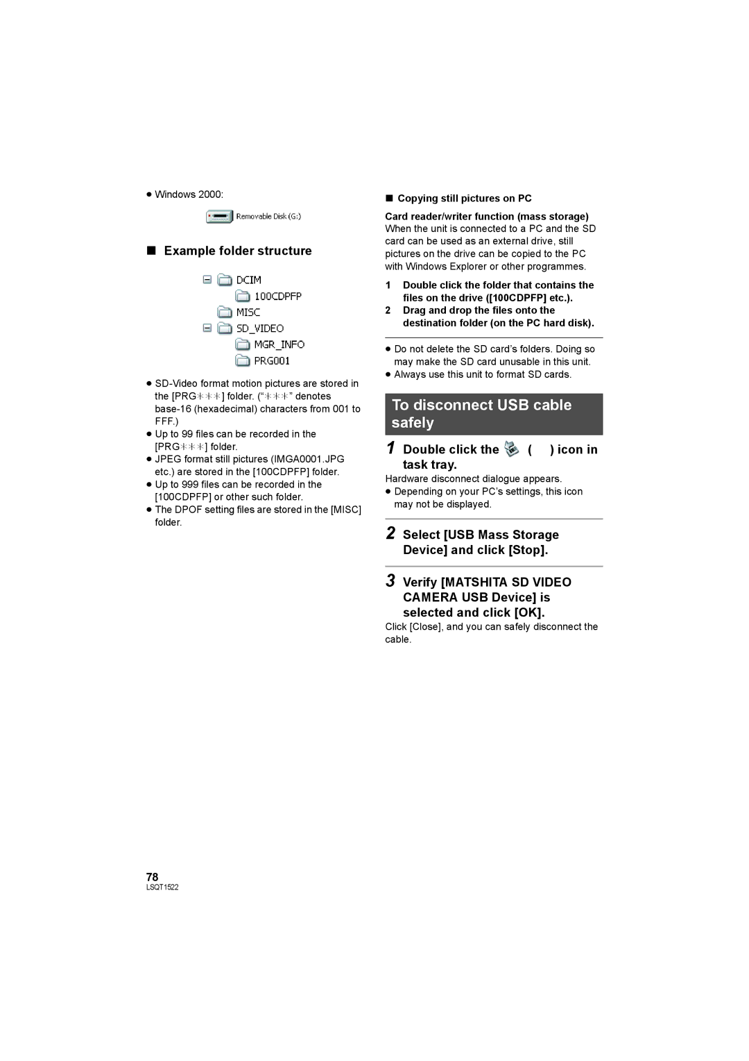 Panasonic SDR-S26 To disconnect USB cable safely, Example folder structure, Double click the icon in task tray 