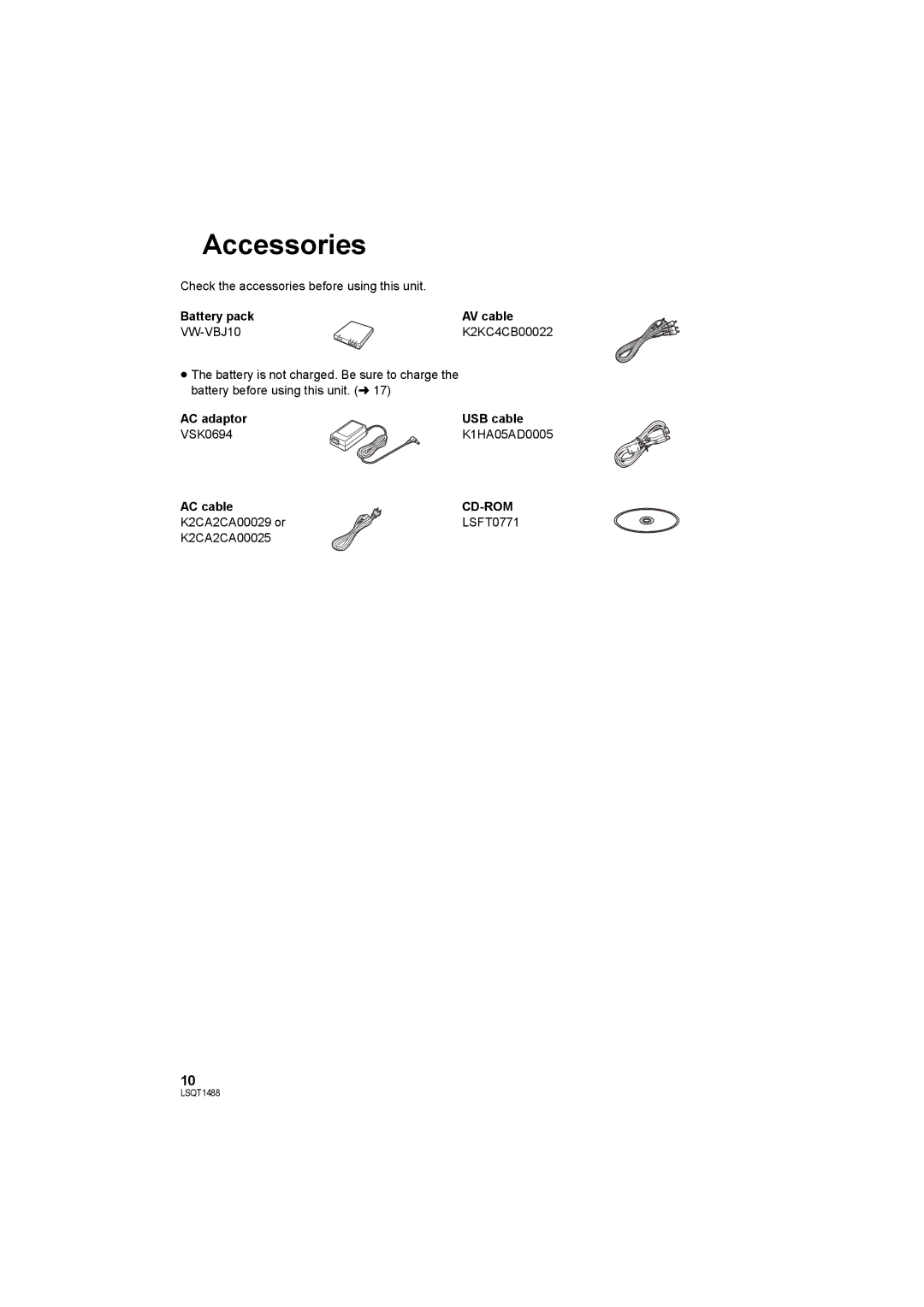 Panasonic SDR-S26PC operating instructions Accessories, VW-VBJ10, Cd-Rom 