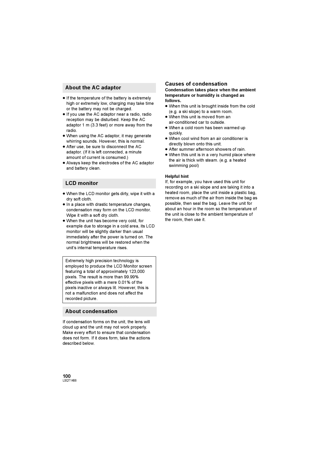 Panasonic SDR-S26PC About the AC adaptor, About condensation, Causes of condensation, Helpful hint 