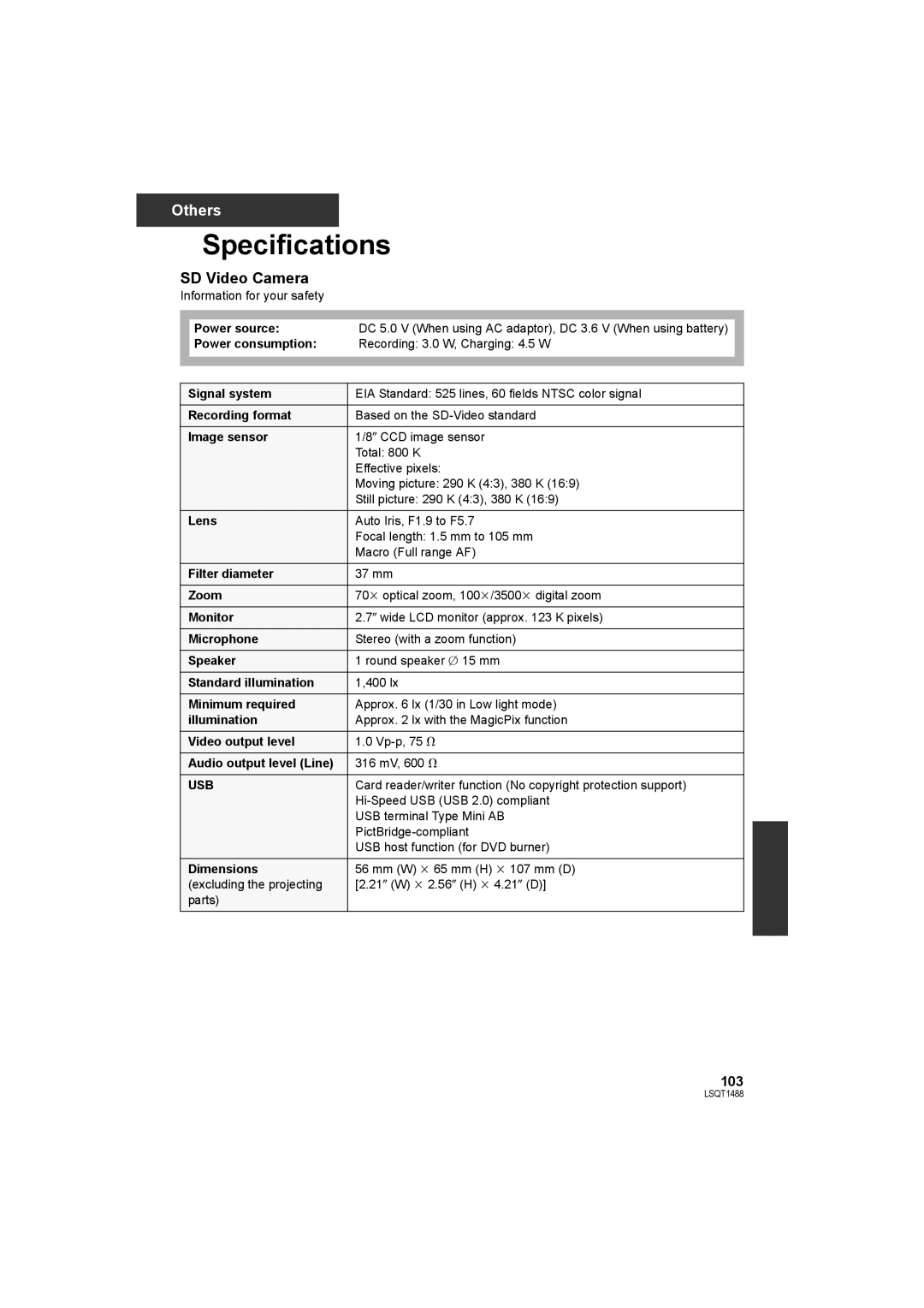 Panasonic SDR-S26PC operating instructions Specifications, SD Video Camera, Usb 