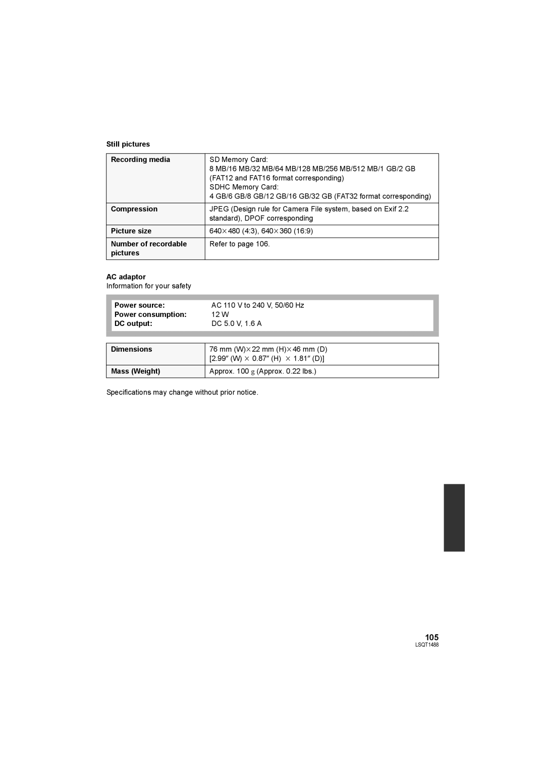 Panasonic SDR-S26PC Still pictures Recording media, Picture size, Number of recordable, Pictures AC adaptor, DC output 