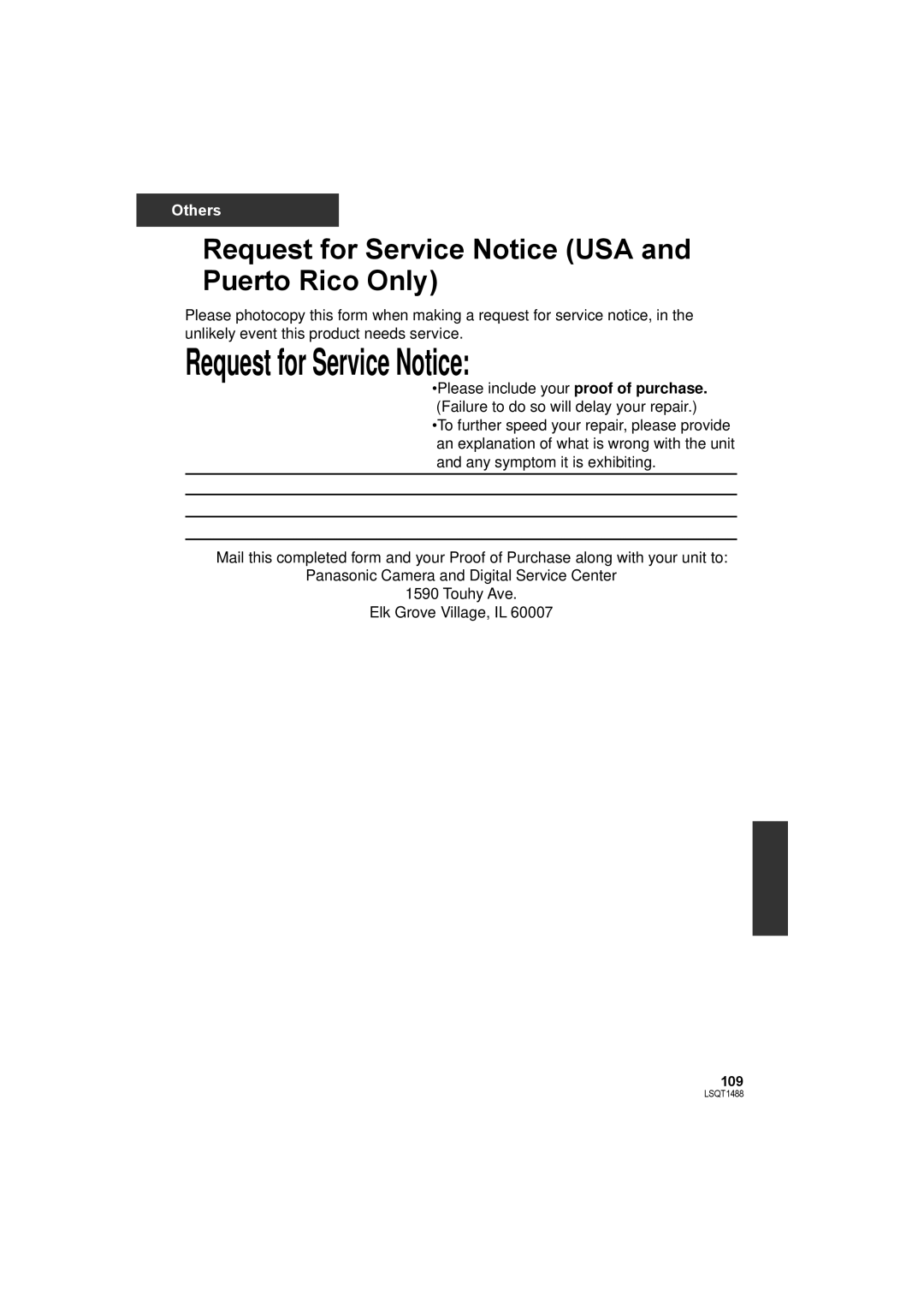 Panasonic SDR-S26PC operating instructions Request for Service Notice USA and Puerto Rico Only 