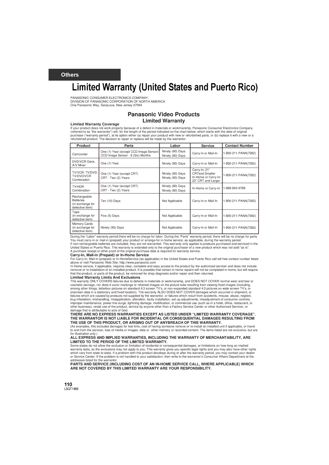 Panasonic SDR-S26PC operating instructions Limited Warranty United States and Puerto Rico 