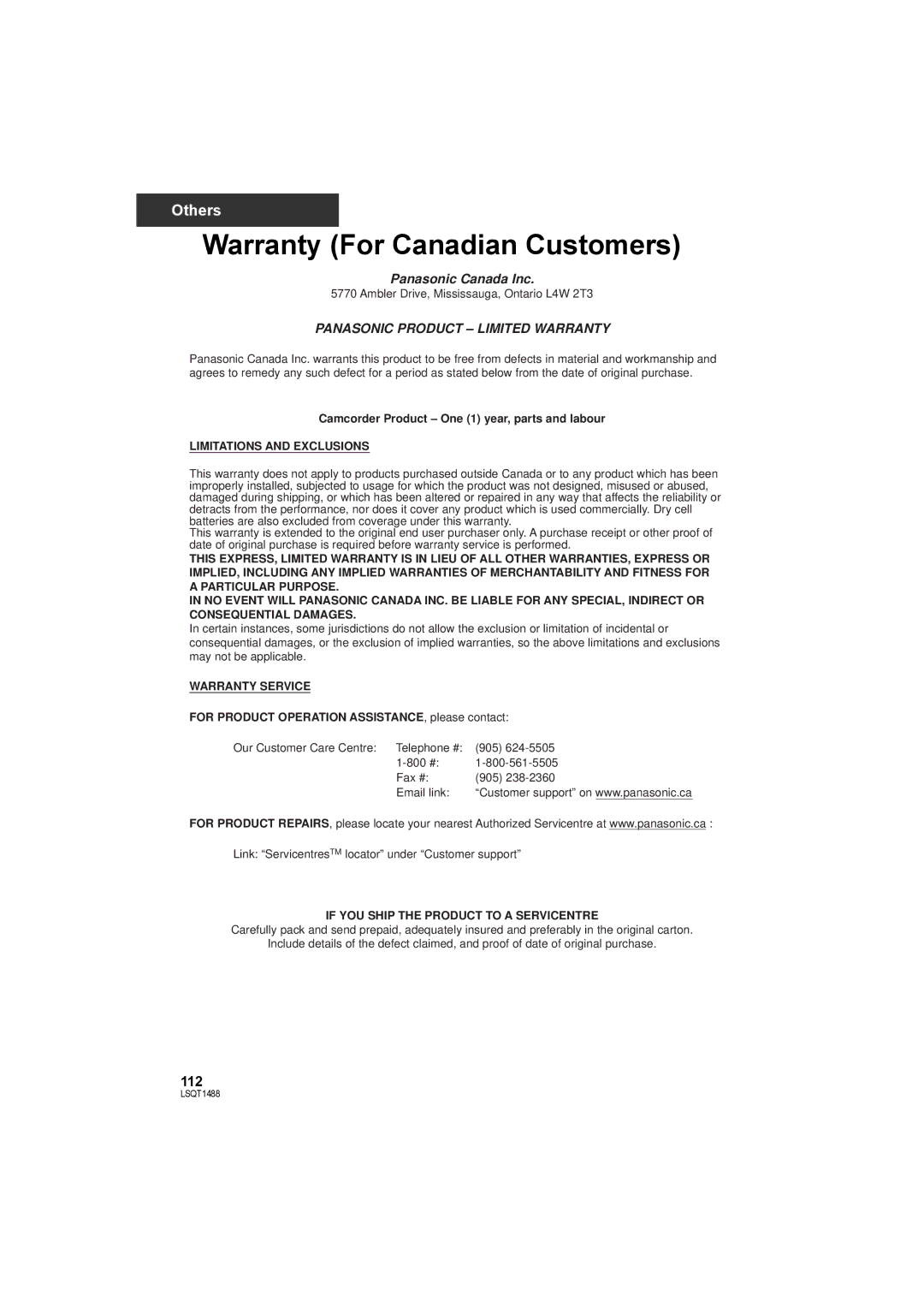 Panasonic SDR-S26PC operating instructions Warranty For Canadian Customers, Panasonic Canada Inc 