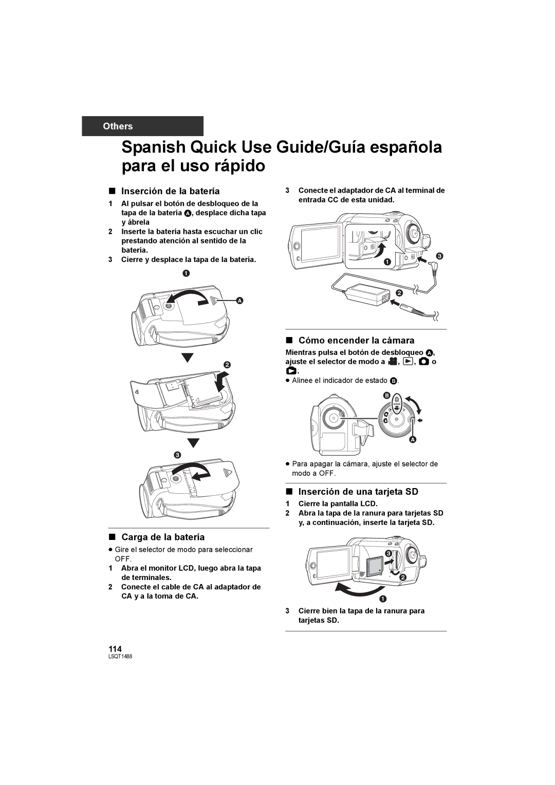 Panasonic SDR-S26P Spanish Quick Use Guide/Guía española para el uso rápido, Inserción de la batería, Carga de la batería 