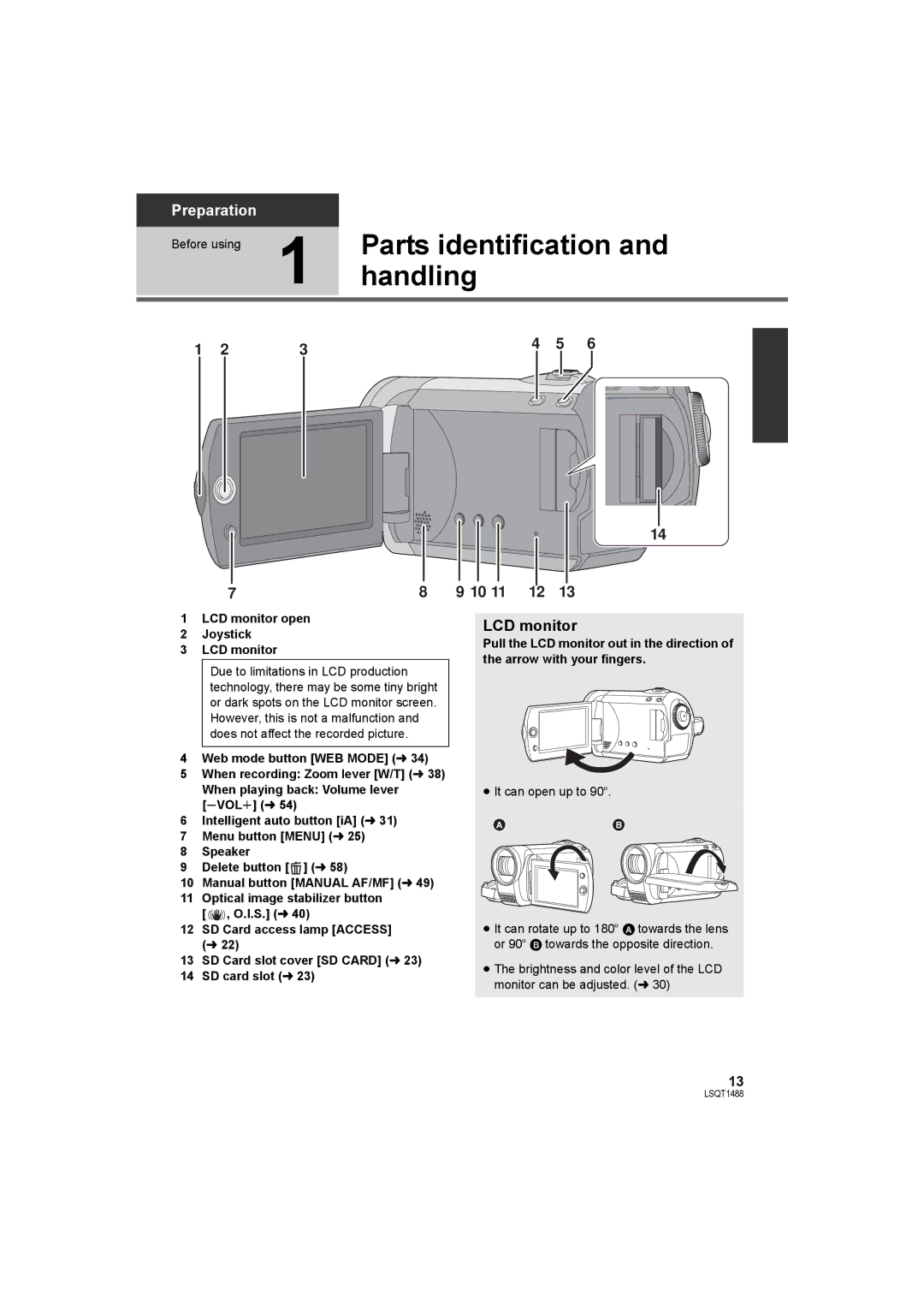 Panasonic SDR-S26PC operating instructions Handling, Parts identification, LCD monitor open Joystick,   