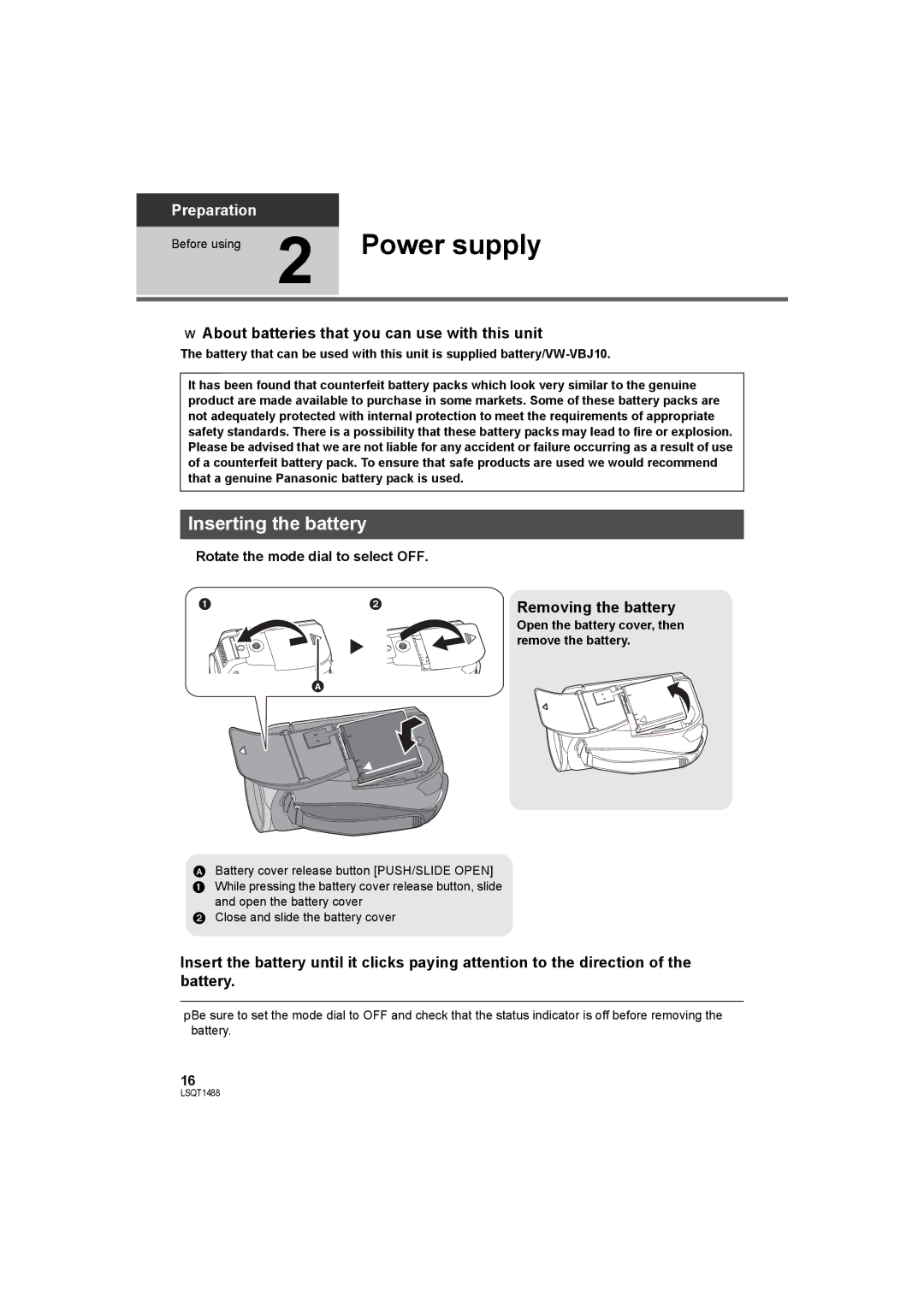 Panasonic SDR-S26PC Inserting the battery, About batteries that you can use with this unit, Removing the battery 