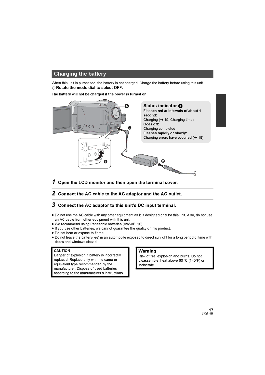 Panasonic SDR-S26PC operating instructions Charging the battery, Status indicator a 